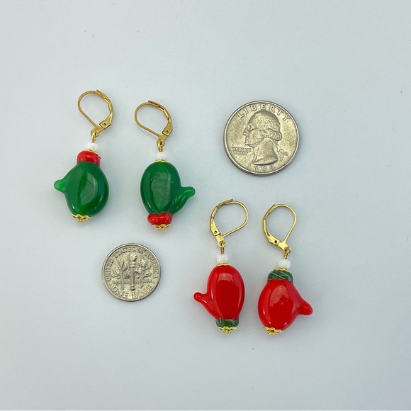 New Red Mitten Earrings, Handmade, Lamp Work Glass, Winter, Christmas Earrings - Picture 7 of 9